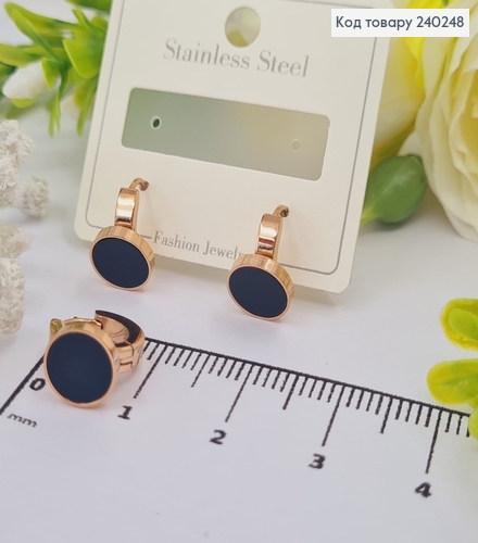 Серёжки кольца 1.0 см Круг с чёрной эмалью, цвет золотые, Stainless Steel 240248 фото 1