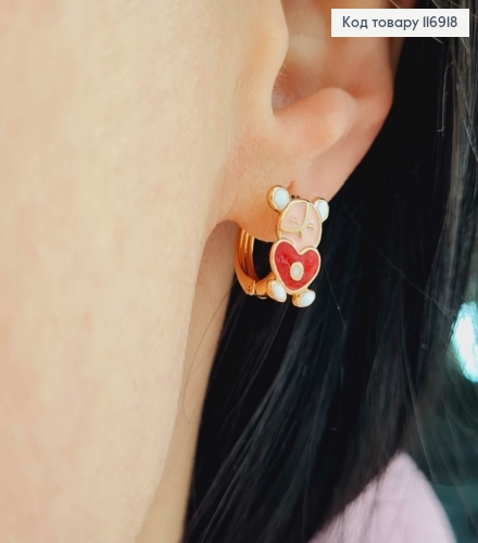 Серьги кольца 1,1см, Мишка с сердечком, с цветной эмалью, 1,3см, Xuping 18K 116918 фото 2