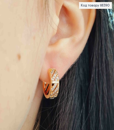 Серьги кольца с блестящими камешками, ширина 5мм, диаметр 1,6см, Xuping 18К. 118390 фото 1