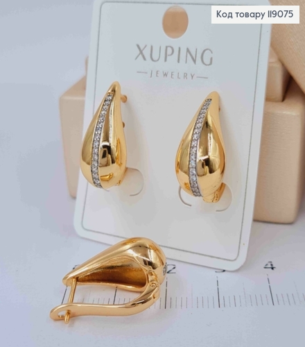 Серьги "Капельки" с блестящими камешками в один ряд, 2см, английская застежка, XUPING 18K 119075 фото 1