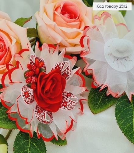 Резинка Бант цветочек в красном орнаменте с красным цветком в центре, ручная робота Украина 25112 фото 1