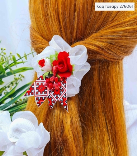 Бант БЕЛЫЙ с цветами и красной вышивкой, на резинке, ткань органза+репс, разм. 7см,ручная работа 276061 фото 1