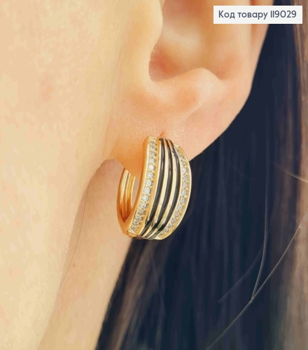 Сережки кільця з Камінцями та Чорною емаллю, діаметр 1,6см, Xuping 18К 119029 фото 1