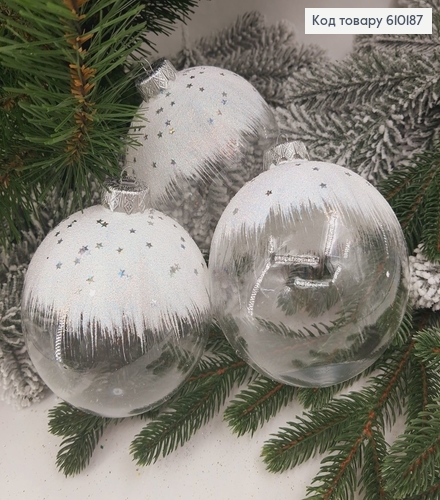 Игрушка шар 100мм Прозрачный с белым узором 3шт/уп. 610187 фото 1