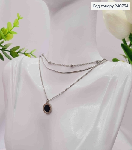 Цепочка серебряного цвета, тройная с подвеской "Римские часы", 46+5см, сталь Stainless steel 240734 фото 1