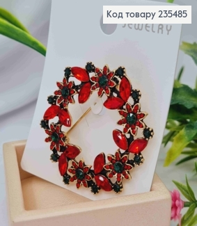 Брошка метал, "Квітковий Віночок" з Червоними та Зеленими камінцями,  8*4,5см. 235485 фото