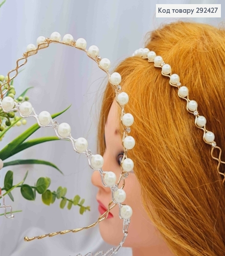 Обруч металл, с жемчужками и блестящими камешками, Серебряного/ Золотого цветов в ассортименте, 1см 292427 фото 1