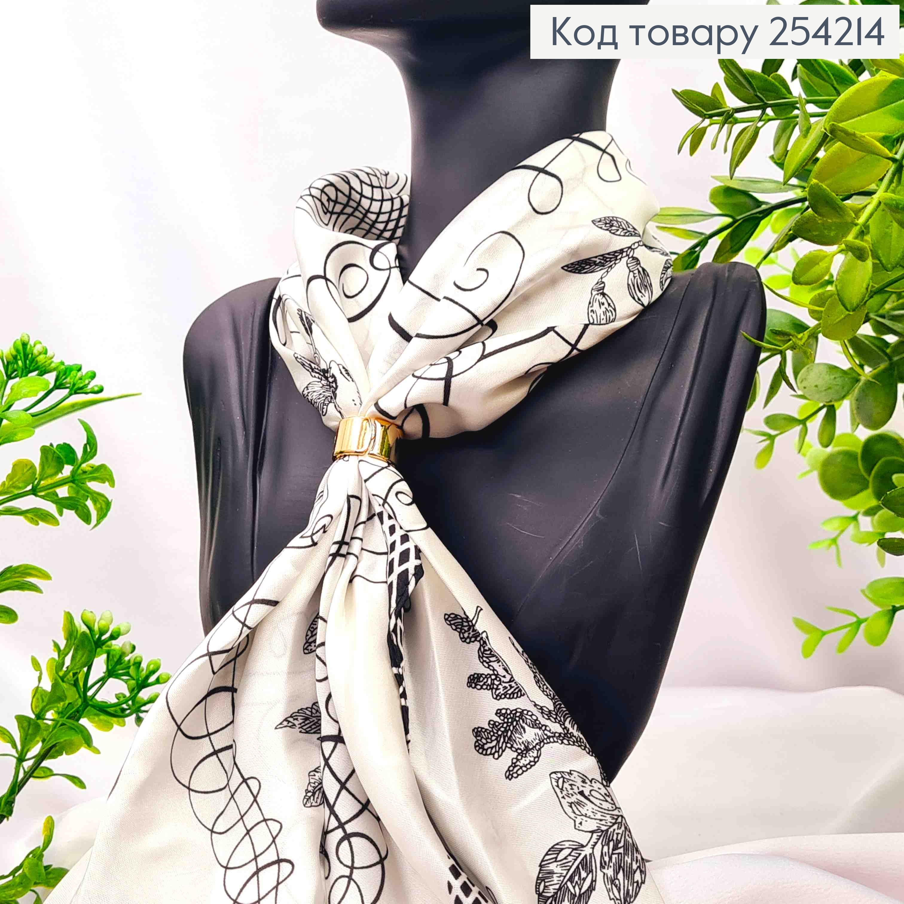 Хустка з колечком, Білого кольору з малюнком "Квітка", 70*70см, 100% поліестр (шовк) 254214 фото 3