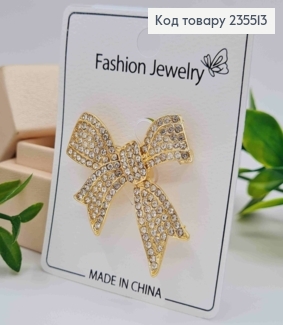 Брошка метал "БАНТИК" прикрашена Блискучими камінцями, 4*4,5см, Золотого кольору 235513 фото