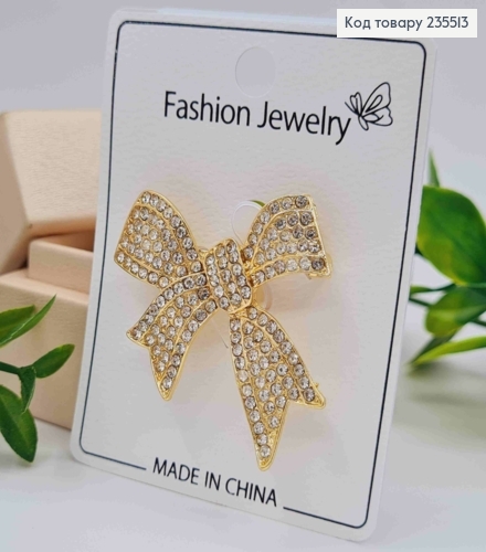 Брошь металл "БАНТИК" украшена Блестящими камешками, 4*4,5см, Золотого цвета 235513 фото 1