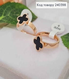 Кольцо золотого цвета, четырехлистник с черной эмалью, "Van Cleef", сталь Stainless Steel 240398 фото