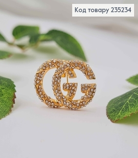 Брошь металл, золотого цвета, "Гуччи" в камнях, 3см 235234 фото