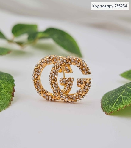 Брошь металл, золотого цвета, "Гуччи" в камнях, 3см 235234 фото 1