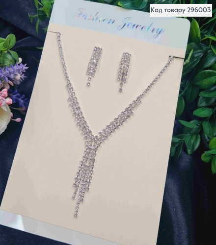 Набір: Кольє та Сережки гвіздки, з Блискучими маленькими камінчиками, Срібного кольору 296003 фото 1