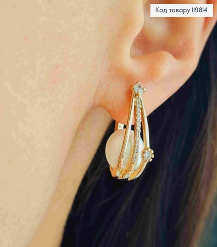 Серьги овальные с Блестящими камешками и Жемчужкой, 2,2см, английская застежка, XUPING 18K 119814 фото 3