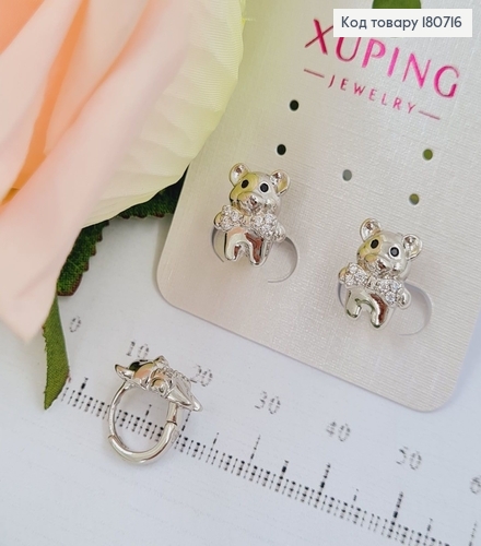 Сережки родовані кільця Ведмежа з бантиком в камінцях, 1,3*1см, Xuping 180716 фото 1