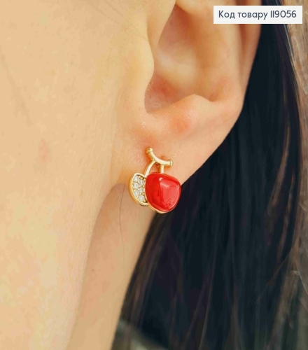 Серьги гвозди "Черешеньки" с Красной эмалью и Блестящими камешками, 1*1см, Xuping 18К 119056 фото 1