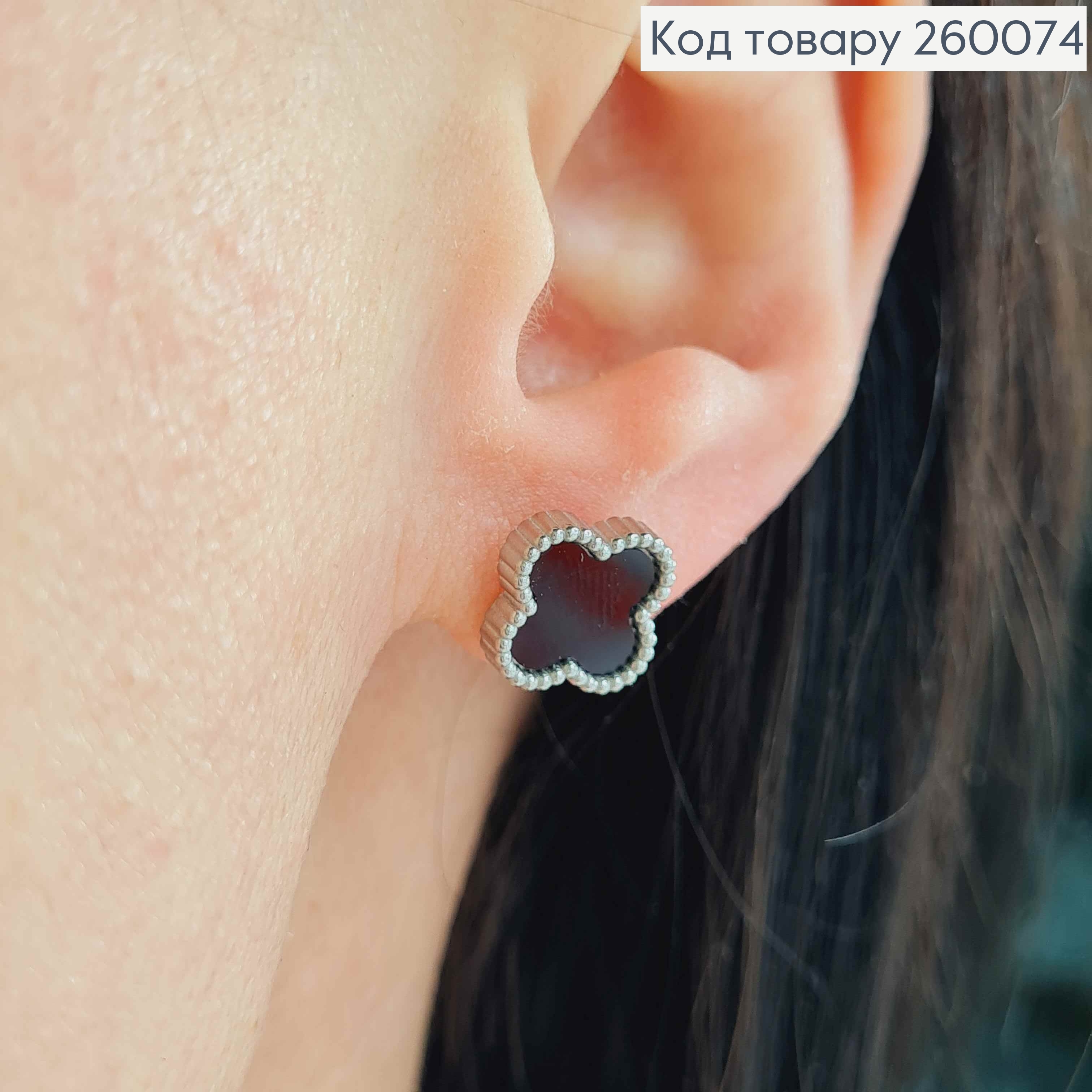 Серьги гвоздики, серебряного цвета, с черной эмалью, "Van Cleef", 1см, сталь Stainless Steel 260074 фото 2