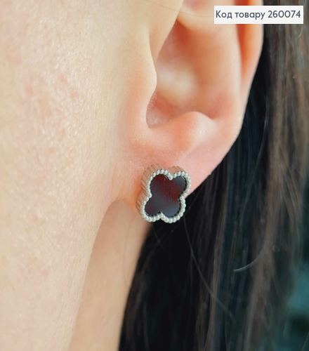Серьги гвоздики, серебряного цвета, с черной эмалью, "Van Cleef", 1см, сталь Stainless Steel 260074 фото 2