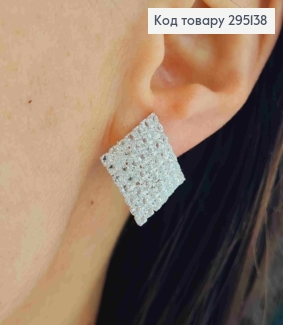 Вечірні-Весільні сережки-кліпси, "Ромби" прикрашені Блискучими камінцями, 2,3см, Срібног кольору 295138 фото