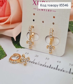 Сережки кільця 1см, в камінцях, з підвіскою хрестиком 1см. Xuping 18K 115546 фото