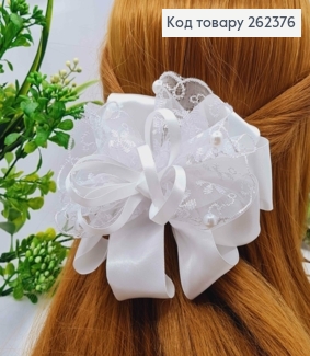 Бант БЕЛЫЙ "Ажурный", на заколке 7,5см, ткань кружево + атлас, размер 12*9см, ручная работа 262376 фото