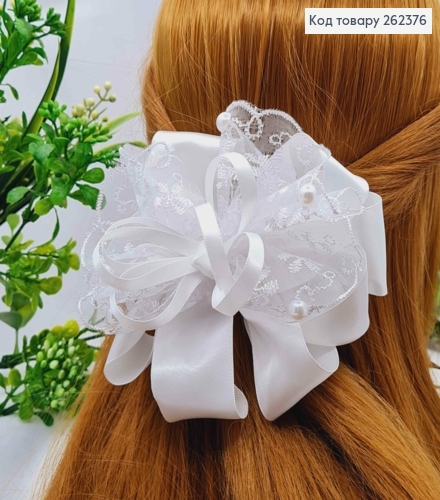 Бант БЕЛЫЙ "Ажурный", на заколке 7,5см, ткань кружево + атлас, размер 12*9см, ручная работа 262376 фото 1