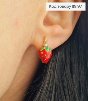 Серьги "Клубничка" с Красной эмалью и Камешком, 1,5см, английская застежка, Xuping 18K 119197 фото