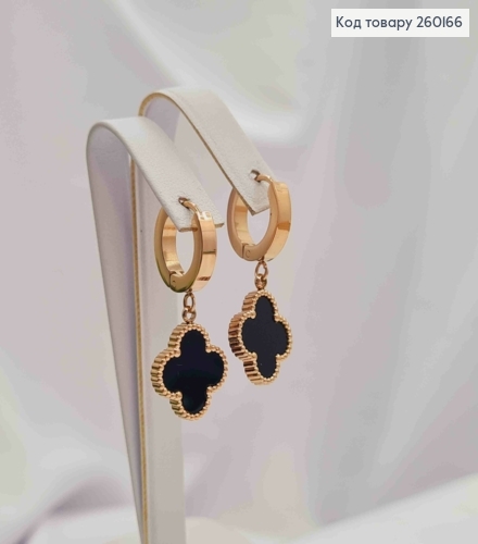 Серьги кольца (1,3см) Медного цвета с подвеской Van Cleef с Черной эмалью(1,4см),Stainless Steel 260166 фото 1