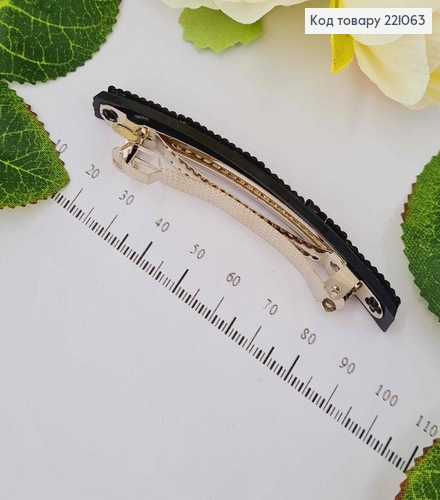 Заколка автомат, черная с тремя строчками камней, 8,5см. 221063 фото 2