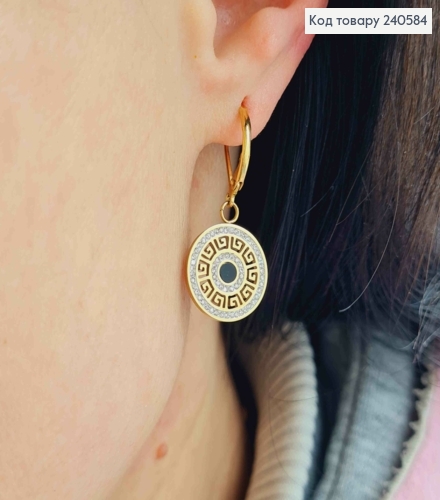 Серьги кольца, лимонные, "Версаче" с камешками и черной эмалью, 1,5см, Stainless Steel 260057 фото 2