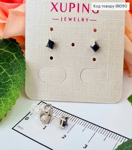 Серьги, гвоздики, с Квадратным Черным камнем 3мм, Xuping 181090 фото 1
