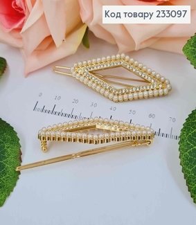Заколка на зажимчике, в форме ромбика в камнях и жемчужинах, 7см 233097 фото
