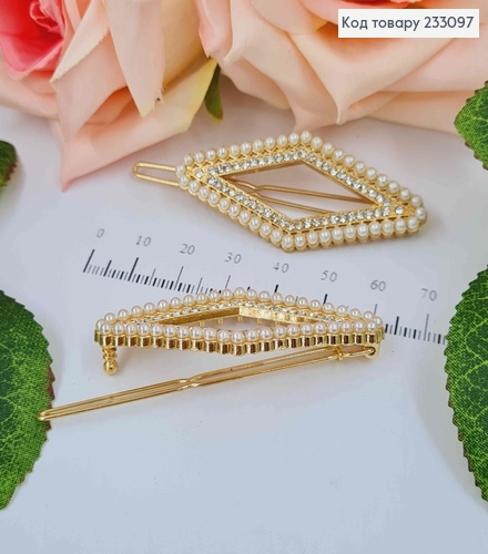 Заколка на зажимчике, в форме ромбика в камнях и жемчужинах, 7см 233097 фото 1