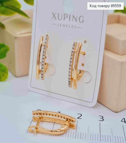 Серьги украшены Блестящими камешками в один ряд, дл.1,9см, английская застежка, Xuping 18K 119559 фото 2