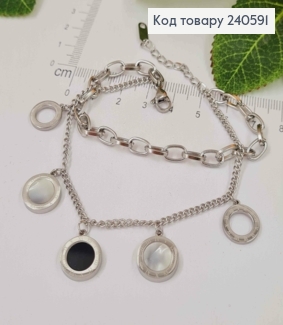 Браслет 16+4см Van Cleef 3 підвіски з чорною і перламутр. емаллю, колір срібний, Stainless Steel 250015 фото