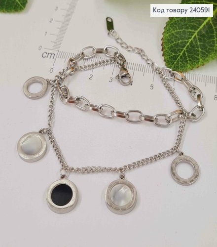 Браслет 16+4см Van Cleef 3 підвіски з чорною і перламутр. емаллю, колір срібний, Stainless Steel 250015 фото 1