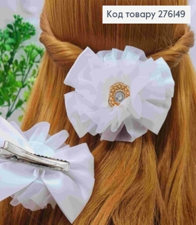 Бант БЕЛЫЙ с брошью с камнем, на заколке 5,5см, ткань атлас+органза, размер 10*6,5см, ручная работа 276149 фото