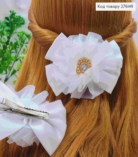 Бант БЕЛЫЙ с брошью с камнем, на заколке 5,5см, ткань атлас+органза, размер 10*6,5см, ручная работа 276149 фото 1