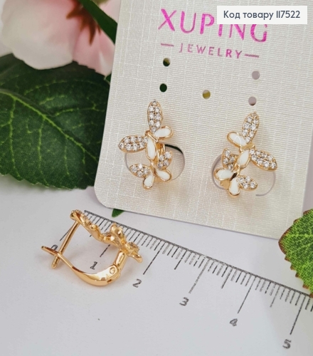 Серьги, "Бабочки" украшены камешками и белой эмалью, 1,7см, англ. зам., XUPING 18K 117522 фото 3