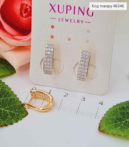 Серьги, Пластинки, с тремя рядами камешков, с рождённой вставкой, 1,5см, англ. Xuping 18K 116246 фото 1