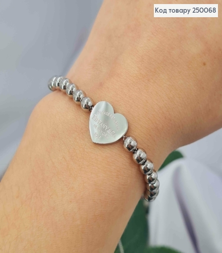 Браслет з Бусинами та "Серцем" TIFFANY & Co, (регулюючий) 23см, срібного кольору, Stainless Steel 250068 фото 2