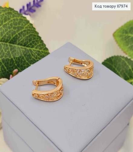 Серьги овальные "Ажурные" украшены камешком, 1,7см, английская застежка, Xuping 18K. 117974 фото 1