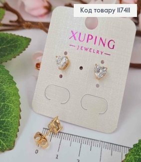 Серьги гвоздики, с блестящим камнем в виде сердца, 8*8мм, XUPING 18K 117411 фото