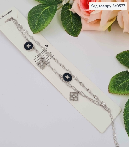 Браслет двойной серебряного цвета с пластинками "Van Cleef", 16+3см сталь Stainless Steel 250009 фото 1