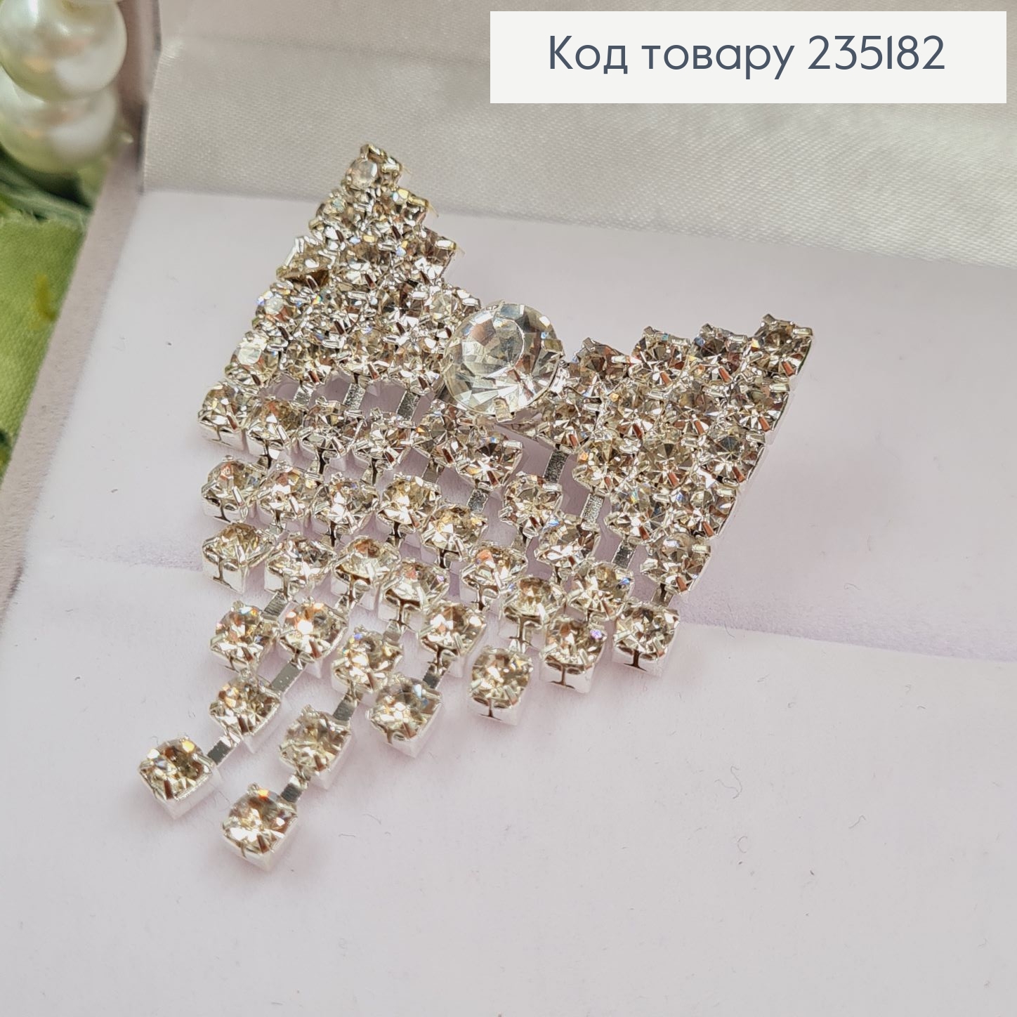 Брошка метал Бантик серебро с камушками 5х4см 235182 фото 1