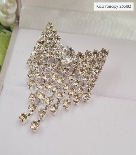 Брошка метал Бантик серебро с камушками 5х4см 235182 фото 1