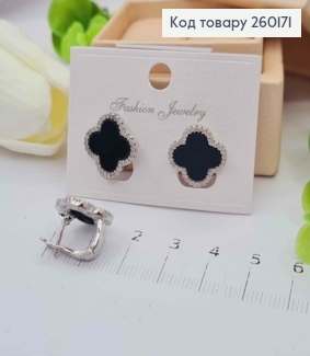 Сережки срібного кольору, Van Cleef з Чорною емаллю та Блискучими камінцями (1,5см), Fashion Jewelry 260171 фото