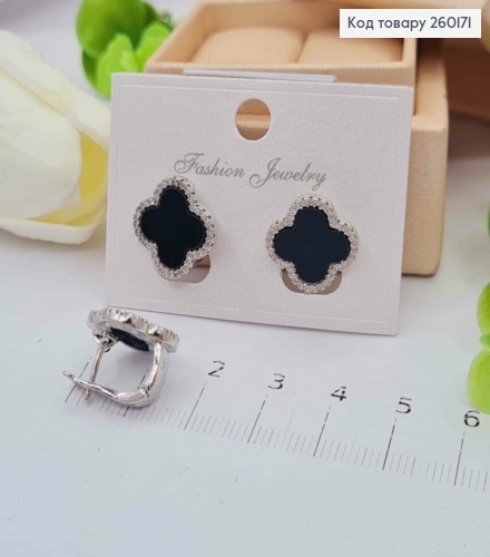 Серьги серебряного цвета, Van Cleef с Черной эмалью и Блестящими камешками (1,5см), Fashion Jewelry 260171 фото 1