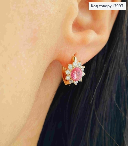Серьги кольца "Цветок" с Розовым камнем сваровски, 1,3см, Xuping 18K 117993 фото 1